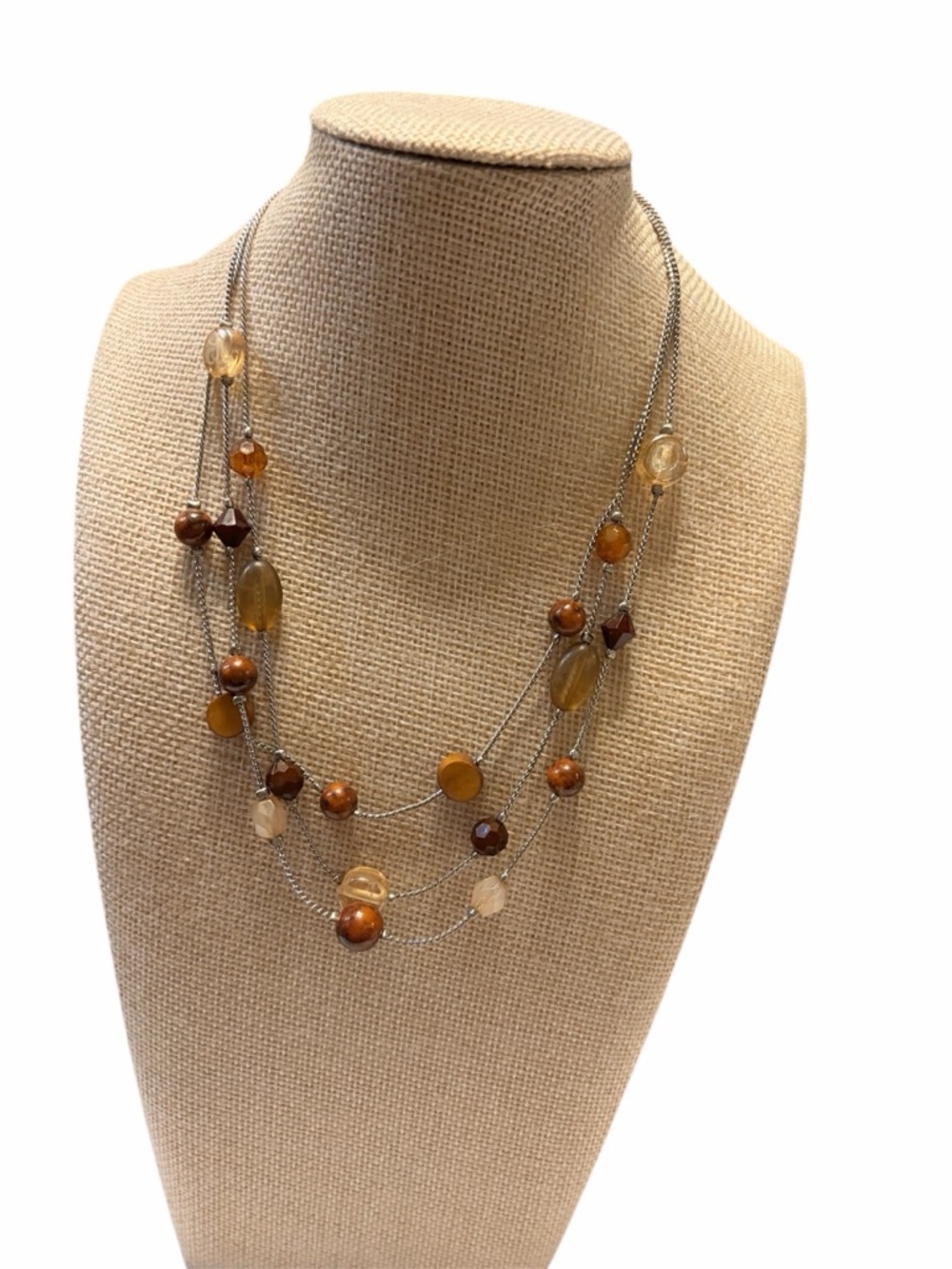 Multi-Strand Amber Bead Necklace - Brown/Gold Tones